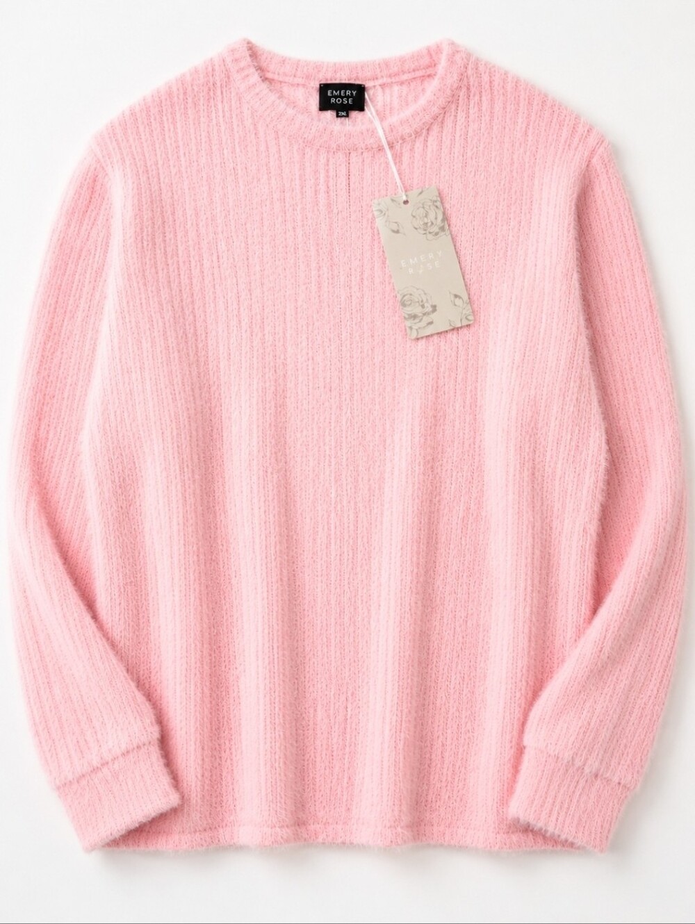 Emery Rose Fuzzy Sweater Women's 2X Top 2XL Pink Crewneck Ribbed Lightweight NWT